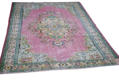 Vintage vloerkleed roze, groen nr.92596 288cm x 194cm