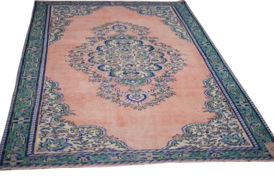 Vintage vloerkleed oranje, blauw, groen nr.94401 295cm x 183cm  