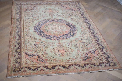 Vintage vloerkleed groen, blauw, roze nr.27708 301cm x 206cm  