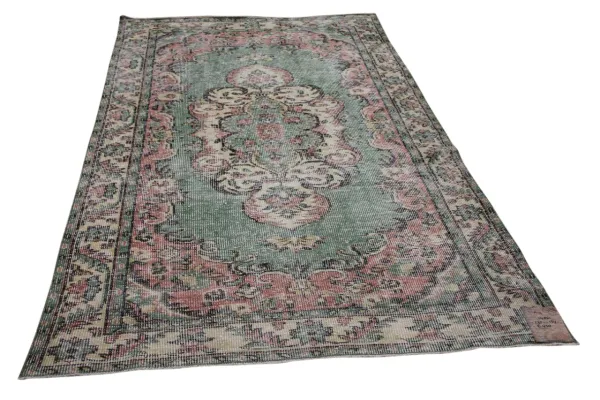 Vintage vloerkleed groen, roze nr.14861 275cm x 154cm  