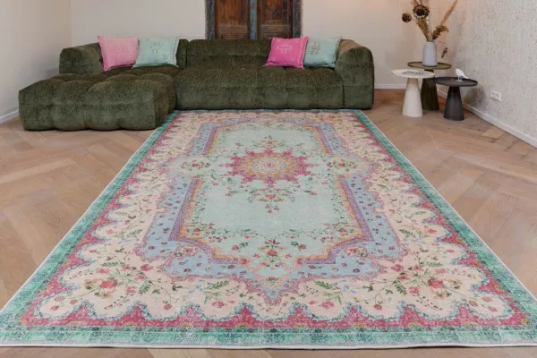 Vintage look vloerkleed pastel kleuren nr.1471, in diverse maten verkrijgbaar