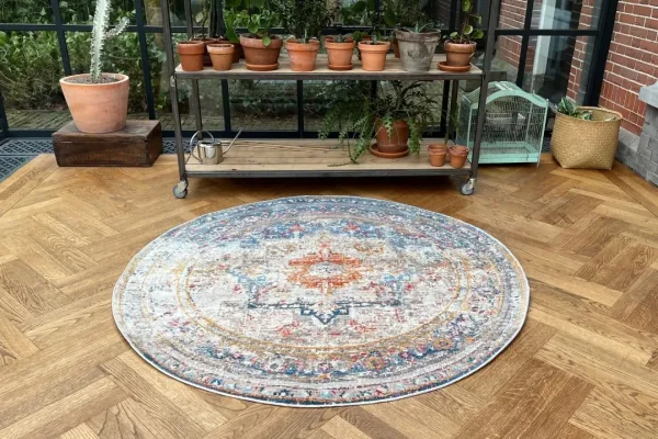 Rond vloerkleed met zachte pool, aardetinten, Ø 160cm (kapot randje, zie foto's)