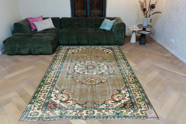 Vintage vloerkleed bruin, groen nr.26924 272cm x 178cm